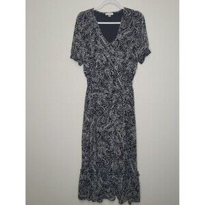 Calvin Klein black white abstract print tiered maxi belted dress boho size 8